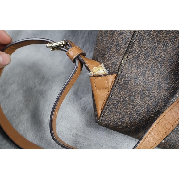 Michael Kors Backpack Womens Medium Brown MK Logo Monogram Leather Trim Zip - Picture 3 of 8